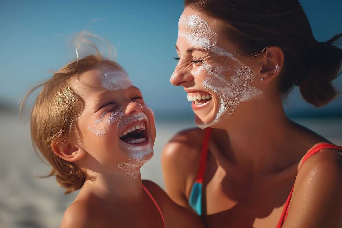 Image of a young family putting on suncream